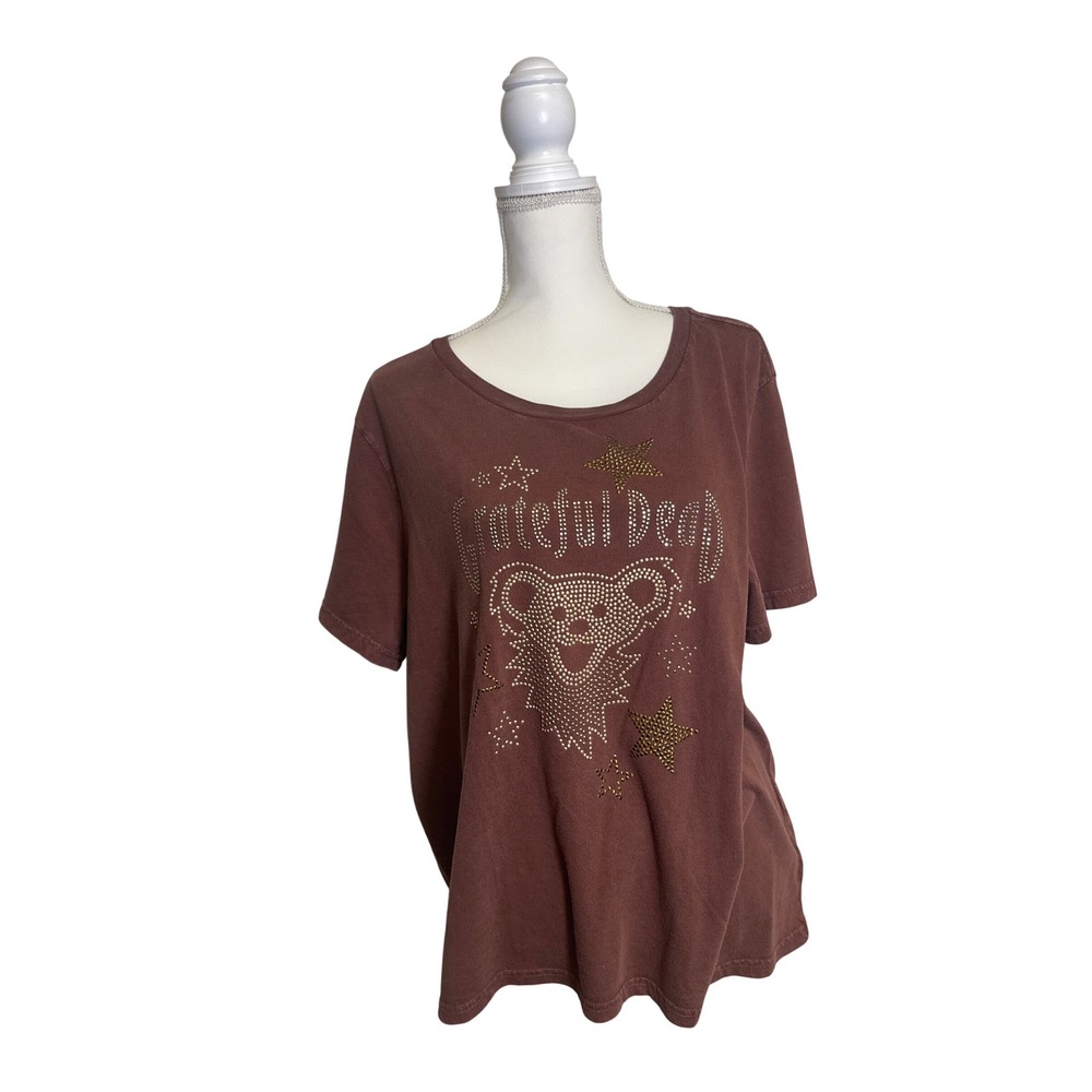 Lucky Brand Grateful Dead Women's Brown Studded Short Sleeve Shirt Size XXL